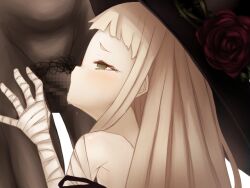 1boy 1girl bad_tag bandaged_arm bandages bare_shoulders black_dress blonde_hair censored disgust dress drooling fellatio flower forced game_cg green_eyes hat hekate_(misfortune_of_little_witch) helpless loli long_hair lower_body misfortune_of_little_witch mosaic_censoring oral petite pubic_hair rose size_difference strap_pull tearing_up tears transparent_background unitonasubi upper_body witch witch_hat