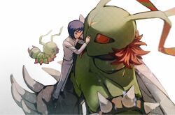 Rule 34 | 2boys, blue eyes, blue hair, bug, closed eyes, digimon, digimon (creature), digimon adventure 02, evolutionary line, full body, grey jacket, grey pants, highres, ichijouji ken, insect wings, jacket, multiple boys, pants, red eyes, red hair, short hair, simple background, stingmon, upper body, white background, wings, wormmon, yue da02ren