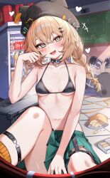 1girl absurdres animal_ear_headwear aqua_eyes bare_arms bare_shoulders bikini bikini_top_only black_bikini black_choker blonde_hair braid breasts bu_leike choker collarbone commentary_request fake_animal_ears fang green_skirt halterneck hat highres leg_up long_hair looking_at_viewer miniskirt navel open_mouth pleated_skirt skirt small_breasts smile solo stomach string_bikini swimsuit thigh_strap twin_braids uni_(yohostage) virtual_youtuber yohostage