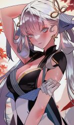1girl arm_behind_head black_collar black_dress blue_eyes breasts chinese_clothes cleavage closed_mouth collar commentary dress earrings eyeshadow hair_rings highres jewelry jinhsi_(wuthering_waves) large_breasts looking_at_viewer makeup red_eyeshadow sanya_(sanya_lox228) solo twintails upper_body white_hair wuthering_waves
