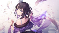 1girl absurdres bare_shoulders colored_inner_hair crown falling_feathers feathers from_above fur-trimmed_jacket fur_trim gradient_background grey_background hands_up highres hiren_(utahime_dream) jacket looking_back medium_hair mini_crown mole mole_under_eye multicolored_hair off-shoulder_jacket off_shoulder official_art parted_lips portrait purple_eyes purple_hair second-party_source solo tiv utahime_dream wristband