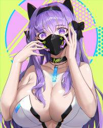 1girl animal_ears bare_arms bare_shoulders black_bow black_choker black_hairband bow breasts choker cleavage collarbone fake_animal_ears fingernails glint green_nails hair_bow hairband jewelry large_breasts long_fingernails long_hair looking_at_viewer mask mouth_mask multicolored_background nail_polish necklace original purple_eyes purple_hair solo strapless upper_body wookyung