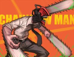 1boy black_necktie black_pants blood bloody_weapon chainsaw chainsaw_man collared_shirt copyright_name denji_(chainsaw_man) facing_to_the_side highres hybrid kelvin_hiu necktie open_mouth orange_background pants sharp_teeth shirt simple_background solo stylized_blood teeth weapon white_shirt