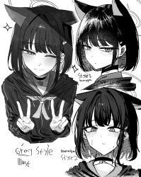 1girl absurdres animal_ears blue_archive blush cat_ears cat_girl choker closed_mouth double_v extra_ears greyscale highres jacket kazusa_(blue_archive) looking_at_viewer monochrome neckerchief sailor_collar sakana_(whhy8883) short_hair smile solo sweat upper_body v