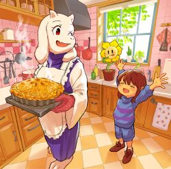 1girl 1other ;d =_= amber_graygamma apron arms_up brown_hair brown_shoes child closed_eyes day drawer fangs flower_pot flowey_(undertale) food frilled_apron frills frisk_(undertale) furry furry_female goat_girl goat_horns happy holding holding_tray horns indoors kitchen one_eye_closed open_mouth outstretched_arms oven_mitts pie red_eyes scenery shoes short_hair skin_fangs smile standing steam tile_floor tiles toriel tray undertale white_apron window