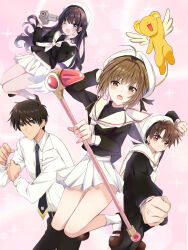beret black_hair black_necktie black_pants black_shirt brown_eyes brown_hair brown_shoes camera cardcaptor_sakura collared_shirt daidouji_tomoyo hat highres holding holding_camera holding_wand kero_(cardcaptor_sakura) kinomoto_sakura kinomoto_touya li_syaoran loafers long_hair looking_at_viewer necktie one_eye_closed pants saint_laurent_paris shirt shoes short_hair skirt socks video_camera wand white_hat white_shirt white_skirt white_socks