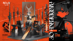Rule 34 | 1girl, anvil, arknights, ballistic shield, bare shoulders, black gloves, black hairband, black pants, black shirt, broken horn, copyright name, copyright notice, crop top, cropped shirt, ear piercing, full body, gloves, gradient horns, grey hair, grey horns, hairband, hammer, highres, holding, holding hammer, holding sword, holding weapon, horns, infection monitor (arknights), lance, looking at viewer, material growth, midriff, multicolored horns, navel, official alternate costume, official art, orange background, orange eyes, oripathy lesion (arknights), pants, parted lips, piercing, polearm, red horns, shield, shirt, short hair, sledgehammer, solo, standing, sword, tail, vulcan (arknights), vulcan (ignis) (arknights), weapon, zoom layer