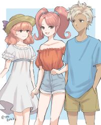 1boy 2girls alternate_costume bare_shoulders blue_shirt blue_shorts boey_(fire_emblem) brown_eyes dark-skinned_male dark_skin denim denim_shorts dress fire_emblem fire_emblem_echoes:_shadows_of_valentia fluffy_hair frilled_sleeves frills genny_(fire_emblem) hand_in_pocket hat highres holding_hands looking_at_another mae_(fire_emblem) multiple_girls nintendo pink_hair puffy_short_sleeves puffy_sleeves red_shirt shirt short_hair short_sleeves shorts sign simple_background straw_hat sun_hat sundress tea6043 twintails white_dress white_hair white_shirt