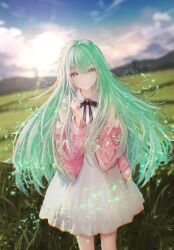1girl black_bow blue_eyes blue_sky blurry blurry_background blush bow breasts closed_mouth cloud dress field green_hair hair_between_eyes highres jacket jizell landscape long_hair long_sleeves looking_at_viewer mountainous_horizon open_clothes open_jacket original outdoors pink_jacket rice_paddy sky smile solo sunlight white_dress