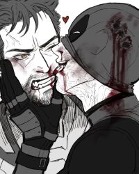 2boys beard bleeding blood blood_on_clothes blood_on_face bodysuit clenched_teeth commentary deadpool deadpool_&amp;_wolverine deadpool_(series) english_commentary facial_hair fillinthe_gap gloves hand_on_another&#039;s_face heart highres injury licking licking_another&#039;s_face male_focus marvel marvel_cinematic_universe monochrome multiple_boys nosebleed one_eye_closed scar scars_all_over short_hair superhero_costume teeth tongue tongue_out too_many torn_mask wolverine_(x-men) x-men yaoi