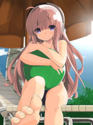 10s 1girl ahoge akagi_asahito bad_id bad_pixiv_id ball barefoot beachball blush candy chair day feet female_focus food foot_focus foreshortening headphones highres hugging_object lollipop long_hair long_toenails lounge_chair mouth_hold nude pink_hair purple_eyes sitting solo tantei_opera_milky_holmes toenails toes tooyama_saku