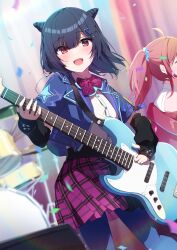 Rule 34 | 2girls, absurdres, arm warmers, blue hair, blue jacket, blue pantyhose, blurry, blurry background, blush, bow, bowtie, collared shirt, commentary, cone hair bun, confetti, drum, drum set, electric guitar, fingerless gloves, gloves, guitar, hair bun, hair ornament, hairclip, highres, holding, holding guitar, holding instrument, idolmaster, idolmaster shiny colors, instrument, jacket, komiya kaho, looking at viewer, morino rinze, multiple girls, music, open clothes, open jacket, pantyhose, plaid clothes, plaid skirt, playing guitar, playing instrument, pleated skirt, purple bow, purple bowtie, purple skirt, red eyes, reikakrzk, shirt, short hair, skirt, smile, sweat, white shirt