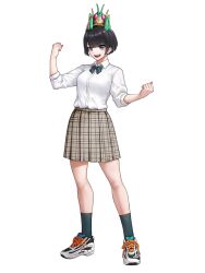 1girl ankle_socks black_eyes black_hair bob_cut bow bowtie bug chemy clenched_hands collared_shirt commentary creature creature_on_head eidenjyou1997 full_body genderswap genderswap_(mtf) grasshopper highres hopper_1 ichinose_houtarou insect kamen_rider kamen_rider_gotchard_(series) looking_at_viewer miniskirt open_mouth plaid_clothes plaid_skirt pleated_skirt school_uniform shirt shirt_tucked_in shoes short_hair short_sleeves simple_background skirt smile sneakers socks solo standing teeth upper_teeth_only white_background white_shirt white_shoes white_sneakers