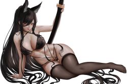 Rule 34 | absurdres, animal ears, atago (azur lane), azur lane, bikini, black bra, black hair, black legwear, bra, breasts, dog ears, highres, katana, large breasts, long hair, multi-strapped bikini bottom, navel, orange eyes, sheath, sheathed, swept bangs, sword, thighhighs, transparent background, underwear, weapon, yuzuriha (pixiv 14248010)