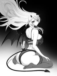 1girl @_@ ass bra brassica breasts character_request closed_mouth copyright_request demon_horns demon_tail demon_wings eyelashes feet fishnet_panties fishnet_thighhighs fishnets hand_on_own_thigh highres horns large_breasts long_hair median_furrow mismatched_pupils panties shadow solo tail thighhighs underwear wings