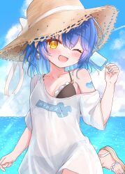 1girl absurdres amamiya_kokoro beach bikini black_bikini blue_hair blush breasts cloud collarbone day earrings fang food frilled_bikini frills front-tie_top hair_between_eyes happy hat highres holding holding_food holding_popsicle ice_cream jewelry looking_at_viewer matcha_november medium_hair navel nijisanji ocean off-shoulder_shirt off_shoulder one_eye_closed open_mouth popsicle see-through_clothes see-through_shirt shirt side-tie_bikini_bottom single_earring single_off_shoulder skin_fang solo standing standing_on_one_leg sun_hat swimsuit virtual_youtuber yellow_eyes