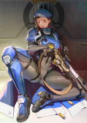 1girl aged_down ana_(overwatch) brown_eyes brown_hair captain_amari dark-skinned_female dark_skin elbow_gloves facial_tattoo female_focus gloves gun hat looking_at_viewer military_hat open_mouth overwatch overwatch_1 rifle sitting sniper_rifle solo spread_legs taesi tattoo textless_version weapon