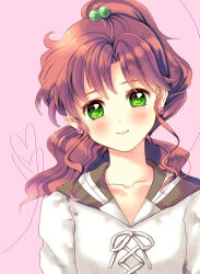 1girl bishoujo_senshi_sailor_moon blush brown_hair brown_sailor_collar closed_mouth collarbone commentary_request duplicate earrings eri. flower_earrings green_eyes head_tilt jewelry kino_makoto pale_skin pink_background pixel-perfect_duplicate ponytail sailor_collar school_uniform smile solo wavy_hair