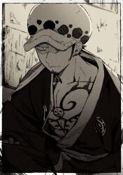 Rule 34 | 1boy, bare pectorals, border, chest tattoo, closed mouth, dekaidaikon, facial hair, goatee, greyscale, hat, heart pirates jolly roger, highres, jolly roger, looking to the side, male focus, monochrome, one eye covered, one piece, open clothes, open robe, pectorals, robe, short hair, sideburns, sideways glance, sitting, solo, tattoo, trafalgar law, upper body