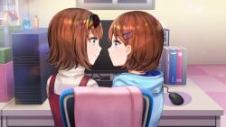 2girls blue_hoodie bob_cut book computer computer_tower dress eye_contact flipped_hair game_cg hair_ornament hairband hairclip hood hoodie incest indoors looking_at_another monitor multicolored_hairband multiple_girls non-web_source office official_art on_chair otori_ai pinafore_dress profile red_dress shared_chair short_hair siblings sisters sitting sleeveless sleeveless_dress smile spoilers sweater turtleneck turtleneck_sweater white_sweater yanagiya_kokoro yumeutsutsu_re:master yuri