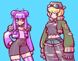 2girls alice_margatroid blonde_hair blue_background blue_bow blue_eyes blue_shorts blunt_bangs bow breasts buttons cigarette closed_mouth commentary_request contrapposto cookie_(touhou) cosplay cowboy_shot double_bun expressionless flat_chest goggles goggles_on_head gorillaz green_hat green_jacket grey_pantyhose grey_shirt grey_shorts grin hair_bow hair_bun hat heterochromatic_eyewear jacket looking_at_viewer medium_breasts multiple_girls navel noodle_(gorillaz) noodle_(gorillaz)_(cosplay) open_clothes open_jacket pantyhose patchouli_knowledge pink_shirt purple_eyes purple_hair purple_jacket red_bow russel_hobbs russel_hobbs_(cosplay) sakuranbou_(cookie) shirt short_hair shorts simple_background smile taisa_(cookie) tinted_eyewear torn_clothes torn_pantyhose touhou ukiwagirl