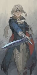 1girl absurdres agito_(agitoishere) artist_name ascot blue_coat coat dated duchess_(elden_ring) elden_ring elden_ring_nightreign facing_viewer gloves grey_hair high_collar highres holding holding_pocket_watch holding_sword holding_weapon long_hair long_sleeves pants pocket_watch solo standing sword watch weapon white_ascot white_gloves white_pants