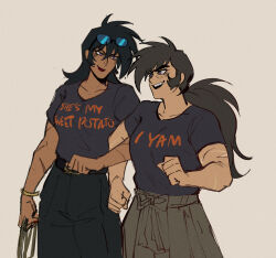 Rule 34 | 2girls, bag, black hair, black pants, clothes writing, couple, cowboy shot, dark-skinned female, dark skin, english text, eyewear on head, genderswap, genderswap (mtf), getter robo, hakama, hakama pants, highres, japanese clothes, jin hayato, lipstick, locked arms, long hair, low ponytail, makeup, matching outfits, multiple girls, multiple scars, nagare ryoma, nail polish, new getter robo, open mouth, pants, ponytail, print shirt, purple eyes, red lips, red nails, scar, scar on arm, shirt, shopping bag, sinita, smile, standing, sunglasses, t-shirt, teeth, upper teeth only, yuri