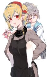 3girls absurdres animal_ears apron bandaid bandaid_on_cheek bandaid_on_face bandaid_on_nose black_apron blonde_hair blue_sailor_collar carrying chibi closed_eyes closed_mouth commentary english_commentary goggles goggles_on_head grey_skirt grey_sweater highres hololive hololive_english hololive_indonesia kaela_kovalskia kenzeeato koseki_bijou multiple_girls open_mouth panther_ears panther_girl piggyback pink_hair raora_panthera sailor_collar school_uniform serafuku skirt sweater turtleneck turtleneck_sweater virtual_youtuber