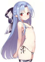 1girl animal_print arms_behind_back ass bikini blue_hair blush bow breasts cow_print empty_eyes from_side grey_background groin hair_bow highres len_(tsukihime) loli long_hair lowleg lowleg_bikini melty_blood micro_bikini multiple_girls navel own_hands_together pointy_ears print_bikini print_thighhighs red_eyes ribbon side-tie_bikini_bottom simple_background small_breasts solo sweat swimsuit thighhighs tsukihime yako