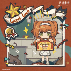 1girl 3others absurdres aged_down ankle_boots banner boots border carbuncle_(reverse:1999) certificate chalkboard chibi closed_mouth copyright_name copyright_notice creature dress green_eyes hairband hands_up highres holding lectern logo long_hair looking_at_viewer multiple_others official_art orange_hair red_border reverse:1999 smile solo sonetto_(reverse:1999) sparkle standing star_(symbol) streamers two_side_up white_boots white_dress white_hairband
