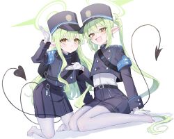 2girls :d arm_up armband black_jacket black_shorts black_skirt black_tail blue_archive blue_armband buttons commentary_request demon_tail double-breasted earrings fang full_body gloves green_hair green_halo halo hat hikari_(blue_archive) jacket jewelry long_hair long_sleeves looking_at_viewer multiple_girls no_shoes nozomi_(blue_archive) open_mouth pantyhose peaked_cap pleated_skirt pointy_ears shirt shorts siblings simple_background sisters skin_fang skirt smile tail toyanoituki twins twintails white_background white_gloves white_pantyhose white_shirt yellow_eyes