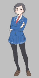 1girl black_eyes black_hair black_pantyhose blue_jacket blue_skirt blush crossed_arms full_body grey_background highres idolmaster idolmaster_cinderella_girls idolmaster_cinderella_girls_starlight_stage jacket loafers long_sleeves looking_at_viewer matsuo_chizuru necktie open_mouth pantyhose pleated_skirt red_necktie school_uniform shirota_mizuki shirt shoes short_hair simple_background skirt solo standing thick_eyebrows white_shirt