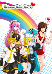 Rule 34 | 1boy, 4girls, ahoge, black shorts, black skirt, blonde hair, blue eyes, blue hair, blue nails, blue necktie, bow, breasts, brown eyes, brown hair, character name, chinese commentary, cleavage, closed mouth, commentary request, covered navel, crodire, detached sleeves, feet out of frame, flat chest, grey shirt, hair bow, hair ornament, hairclip, hatsune miku, headphones, headset, heart, holding hands, index finger raised, kagamine len, kagamine rin, large breasts, long hair, looking afar, looking at viewer, medium breasts, megurine luka, meiko (vocaloid), multiple girls, musical note, neckerchief, necktie, one eye closed, open mouth, pink hair, rainbow, red nails, red shirt, red skirt, shirt, short hair, shorts, skirt, sleeveless, sleeveless shirt, smile, spoken heart, spoken musical note, standing, very long hair, vocaloid, white background, white bow, white shirt, yellow nails, yellow neckerchief, yellow necktie, yellow shirt