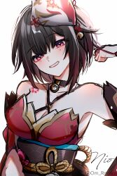 1girl alternate_hair_length alternate_hairstyle bare_shoulders bell black_choker black_hair choker collarbone flower_tattoo fox_mask highres honkai:_star_rail honkai_(series) japanese_clothes jingle_bell kimono looking_at_viewer mask mask_on_head neck_bell o-ring obiage obijime om_rm1101 oni pink_eyes red_kimono short_hair shoulder_tattoo signature simple_background smile solo sparkle_(honkai:_star_rail) tattoo twitter_username upper_body white_background