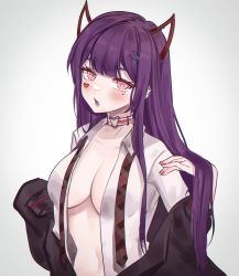 1girl absurdres akuma_nihmune akuma_nihmune_(1st_costume) choker ear_piercing eyebrows_hidden_by_hair fake_horns heart heart-shaped_pupils heart_choker highres horns indie_virtual_youtuber nail_polish necktie piercing pink_nails purple_hair sky_above_me symbol-shaped_pupils teeth undone_necktie upper_teeth_only virtual_youtuber