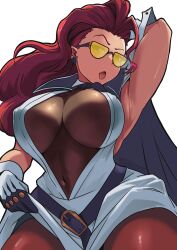 1girl absurdres arm_up armpits belt breasts clothes_lift coat coat_on_shoulders crimson_viper dark_skin highres huge_breasts loose_belt naughty_face necktie_aside open_mouth pantyhose presenting_armpit red_hair see-through_cleavage see-through_clothes skirt skirt_lift solo street_fighter street_fighter_6 tinted_eyewear tongue tongue_out varbecrank yellow-tinted_eyewear