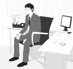 1boy black_hair can chair computer desk formal_clothes glasses greyscale holding holding_can indoors computer_keyboard male_focus monitor monochrome computer_mouse necktie office office_chair original papers pda pen re:i sitting solo suit swivel_chair