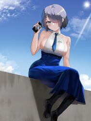 1girl absurdres alternate_hair_length alternate_hairstyle backless_shirt bare_shoulders black_boots blue_eyes blue_necktie blue_skirt blue_sky blush boots breasts brid_(nikke) cellphone closed_mouth cloud collarbone collared_shirt commentary day full_body goddess_of_victory:_nikke grey_hair hair_between_eyes hair_over_one_eye hand_up high-waist_skirt highres holding holding_phone large_breasts long_skirt looking_at_viewer mole mole_on_breast necktie no_headwear outdoors phone shadow shirt short_hair shoulder_tattoo sideboob sidelocks sitting skirt sky sleeveless smartphone solo striped_necktie sunlight tattoo white_shirt yomining
