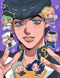 Rule 34 | 1girl, 1other, 6+boys, :o, absurdres, anchor ornament, anchor symbol, behind another, black gakuran, blonde hair, blue eyes, blush, chibi, chibi inset, diamond wa kudakenai, double v, earrings, eyelashes, green hair, grey hair, hat, higashikata josuke, highres, hirose koichi, jacket, jewelry, jojo no kimyou na bouken, killer queen, kira yoshikage, kishibe rohan, kuujou joutarou, lightning bolt symbol, long hair, looking at another, looking at viewer, male focus, matubaru chan, multicolored hair, multiple boys, nijimura okuyasu, outline, pants, parted lips, pompadour, purple background, running, shirt, short hair, shouting, solo focus, spiked hair, star (symbol), sticker, stud earrings, two-tone hair, v, walking, white hat, white jacket, white outline, white pants, yamagishi yukako, yellow shirt