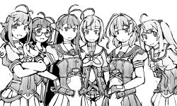 6+girls :3 ahoge antenna_hair choker cowboy_shot glasses gloves greyscale kantai_collection kaya_(kancolle) looking_at_viewer matsu_(kancolle) momo_(kancolle) monochrome multiple_girls neckerchief no_nose sailor_collar sailor_shirt school_uniform serafuku shirt short_sleeves smile sugi_(kancolle) take_(kancolle) task_(s_task80) ume_(kancolle)