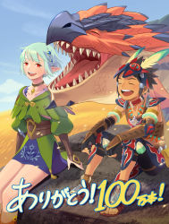 1boy 1girl absurdres arm_guards armlet armor black_hair blue_sky bridal_gauntlets closed_eyes commentary_request ena_(monster_hunter) fangs feather_hair_ornament feathers fingerless_gloves gloves green_hair hair_ornament happy highres jewelry laughing light_green_hair milestone_celebration miniskirt monster_hunter_(series) monster_hunter_stories_2 necklace official_art open_mouth outdoors pointy_ears protagonist_(mhs2) rathalos red_eyes rock sandals short_hair sitting skirt sky spiked_hair tan tooth_necklace translation_request tribal