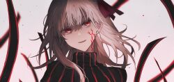 1girl black_shirt body_markings commentary_request dark_sakura dot_nose facial_mark fate/stay_night fate_(series) floating_hair hair_ribbon heaven&#039;s_feel highres long_hair looking_at_viewer matou_sakura mochiosamu_ron open_mouth purple_ribbon red_eyes ribbon shirt smile solo striped_clothes striped_shirt turtleneck upper_body vertical-striped_clothes vertical-striped_shirt white_background white_hair