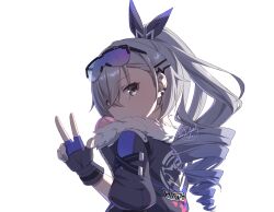 1girl black_gloves black_jacket chewing_gum commentary_request drill_hair fingerless_gloves from_side fur-trimmed_jacket fur_trim gloves goggles goggles_on_head grey_eyes grey_hair highres honkai:_star_rail honkai_(series) jacket long_hair looking_at_viewer luyue silver_wolf_(honkai:_star_rail) simple_background solo upper_body w white_background