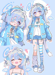 +++ 1girl :d absurdres angel_wings anomea_(vrchat) asymmetrical_legwear attaka_tea bandaid bandaid_on_knee bandaid_on_leg belt blue_background blue_belt blue_bow blue_collar blue_eyes blue_hair blue_hairband blue_jacket blue_shoes blue_shorts blue_thighhighs blush blush_stickers bow camisole cat_tail chain closed_eyes closed_mouth collar detached_wings dress eyepatch facing_viewer full_body grey_hair hair_bow hair_intakes hairband halo highres jacket leg_warmers lolita_hairband long_hair long_sleeves looking_at_viewer loose_socks maid mismatched_legwear multiple_views open_clothes open_jacket open_mouth outline purple_eyes shoes shorts single_sock single_thighhigh sleeveless sleeveless_dress sleeves_past_wrists smile socks spaghetti_strap standing striped_clothes striped_socks striped_thighhighs tail thighhighs track_jacket two_side_up unconventional_maid uneven_legwear very_long_hair vrchat white_bow white_camisole white_dress white_outline white_shoes white_socks wings