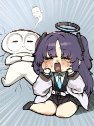 1boy 1girl absurdres black_halo black_skirt blue_archive blue_necktie chibi chibi_only chroong crying doodle_sensei_(blue_archive) emphasis_lines ghost halo highres jacket mechanical_halo necktie open_mouth purple_hair sensei_(blue_archive) shirt skirt tears two_side_up white_jacket white_shirt yuuka_(blue_archive)