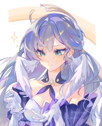 1girl collar dress face_jewel gloves halo halo_behind_head head_wings highres honkai:_star_rail honkai_(series) jewel_under_eye meoyami purple_collar purple_dress purple_sleeves robin_(honkai:_star_rail) solo two-tone_dress white_gloves white_wings wings
