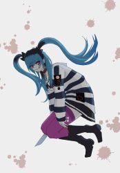 Rule 34 | 1girl, amemiya darumi, black boots, black bow, black hair, black skirt, blue hair, boots, bow, collar, ear piercing, highres, holding, holding knife, knife, looking at viewer, makeup, multicolored hair, piercing, pink eyes, pink thighhighs, pleated skirt, red collar, runny makeup, safety pin, shirt, skirt, solo, striped clothes, striped shirt, the hundred line -last defense academy-, thighhighs, turning head, twintails