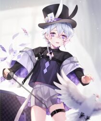 Rule 34 | 1boy, animal ears, belt, bird, black belt, black hat, black shirt, braid, card, commentary request, crossed bangs, diamond facial mark, dove, facial mark, fake animal ears, flying, foil (fencing), grey shorts, hair between eyes, hat, highres, holding, holding sword, holding weapon, kasugano (owf ksg), long bangs, long sleeves, magician, mahjong soul, male focus, open mouth, playing card, purple eyes, rabbit ears, ryan (mahjong soul), shirt, short hair, shorts, single braid, solo, sword, thigh belt, thigh strap, top hat, upper body, weapon, white hair
