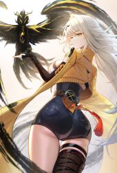 1girl absurdres ass bird black_bird black_gloves black_shorts black_thighhighs breasts closed_mouth commentary elbow_gloves fingerless_gloves from_behind gloves hair_ornament hand_up high-waist_shorts highres ion_932 jacket large_breasts long_hair looking_at_viewer looking_back shorts single_thighhigh solo symbol-only_commentary thigh_gap thighhighs yellow_eyes yellow_jacket yixuan_(zenless_zone_zero) zenless_zone_zero