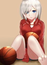 10s 1girl alternate_costume arm_support bad_feet ball basketball basketball_(object) blue_eyes breasts eyes_visible_through_hair female_focus hair_over_one_eye hamakaze_(kancolle) jacket kantai_collection looking_at_viewer parted_lips red_jacket short_hair silver_hair sitting solo sweat track_jacket track_suit yuushin